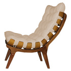 Kit Poltrona E Puff Costela Suede Bege Base Madeira Castanho