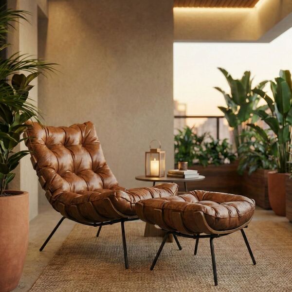 Kit Poltrona E Puff Decorativo Costela Courino Nozes Caramelo