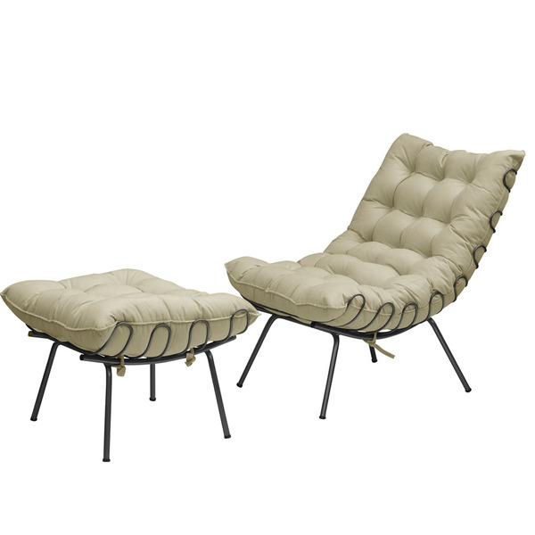 Kit Poltrona E Puff Decorativo Costela Veludo Bege - Montanar