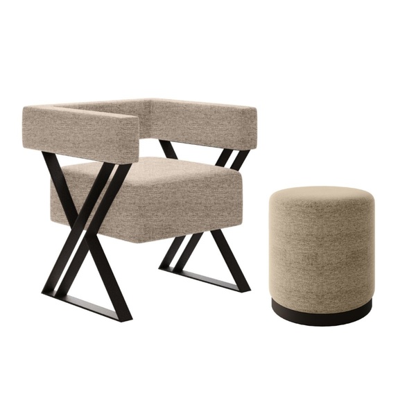 Kit Poltrona E Puff Decorativo Mirela Pés Metal Estilo Indust