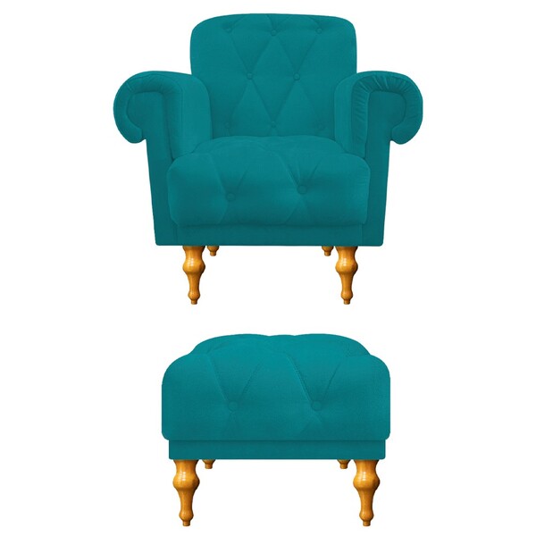 Kit Poltrona E Puff Decorativos Dani Suede Azul Turquesa - Am