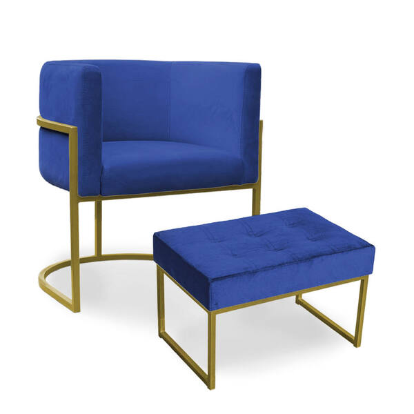 Kit Poltrona E Puff Luana Base Gold Veludo Azul Marinho - Mon
