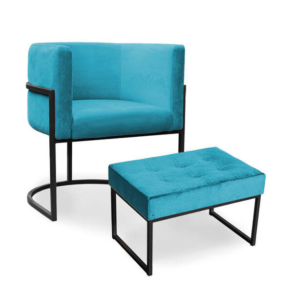 Kit Poltrona E Puff Luana Base Preto Veludo Azul Turquesa - M