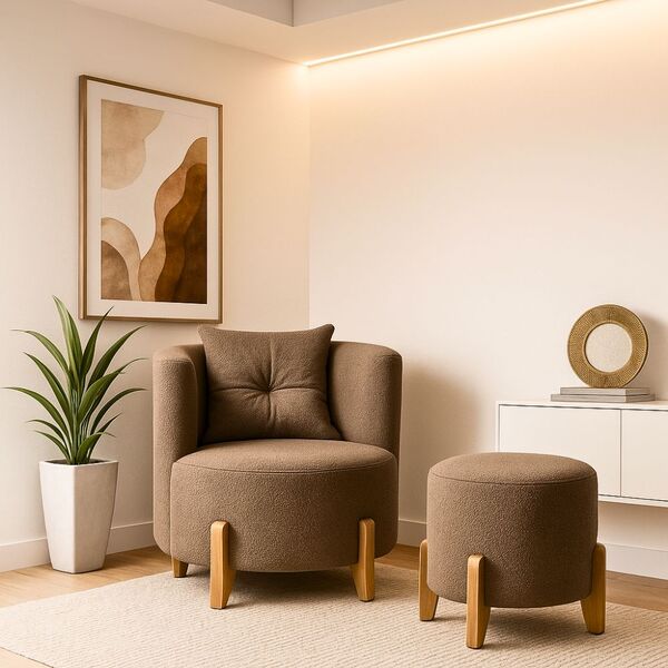 Kit Poltrona E Puff Luna Decorativa Curvo Orgânico Boucle Cap