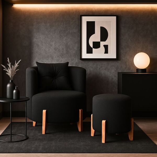 Kit Poltrona E Puff Luna Decorativa Curvo Orgânico Boucle Chu