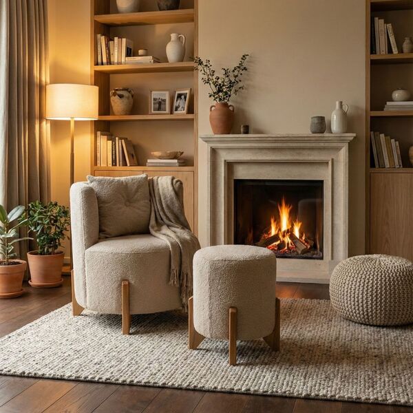 Kit Poltrona E Puff Luna Decorativa Curvo Orgânico Boucle - M