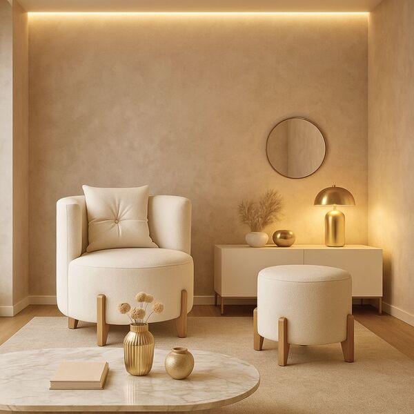 Kit Poltrona E Puff Luna Decorativa Curvo Orgânico Boucle Off