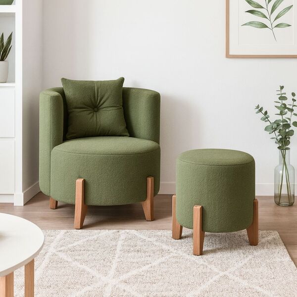 Kit Poltrona E Puff Luna Decorativa Curvo Orgânico Boucle Ver