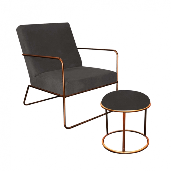 Kit Poltrona E Puff Malta Decorativa Sala Aramado Bronze Sued