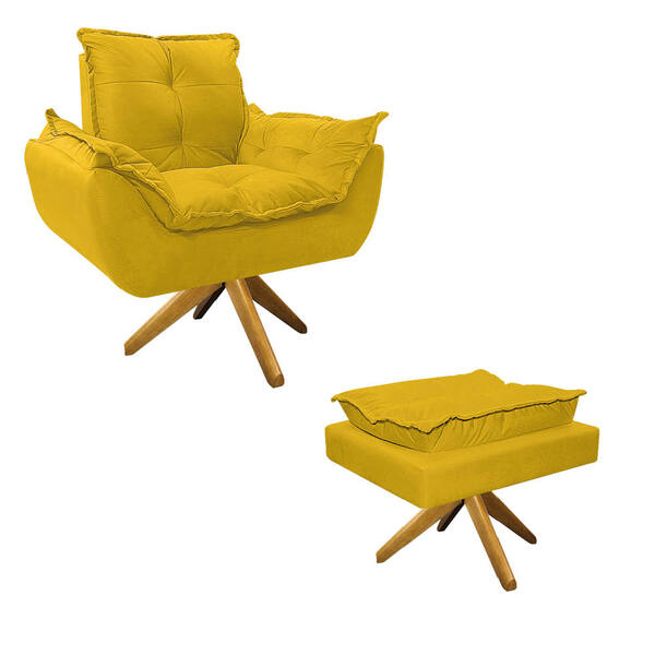 Kit Poltrona E Puff Opala Base Giratória De Madeira Corano  -