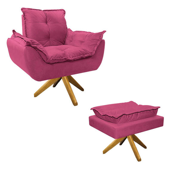 Kit Poltrona E Puff Opala Base Giratória De Madeira Corano Pi