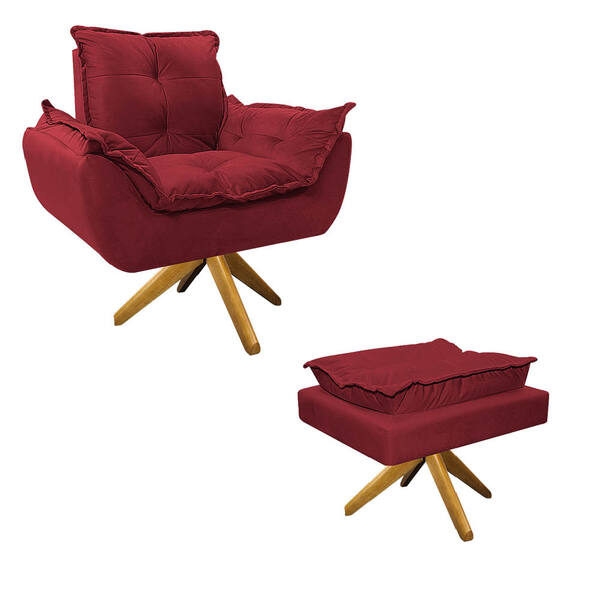 Kit Poltrona E Puff Opala Base Giratória De Madeira Suede Ver