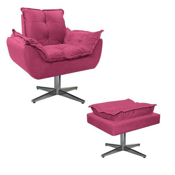 Kit Poltrona E Puff Opala Base Giratória De Metal Corano Pink