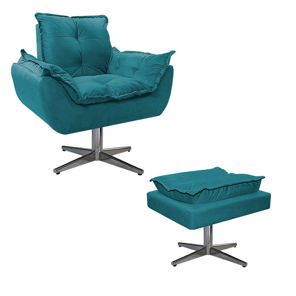 Kit Poltrona E Puff Opala Base Giratória De Metal Suede Azul