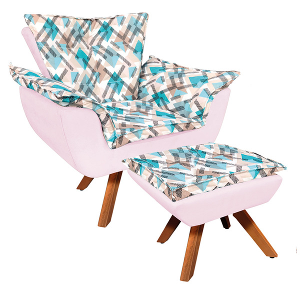 Kit Poltrona E Puff Opala Giratório Suede Com D33 Base Madeir