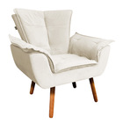 Kit Poltrona E Puff Opala Veludo Bege Pes Palito Castanho