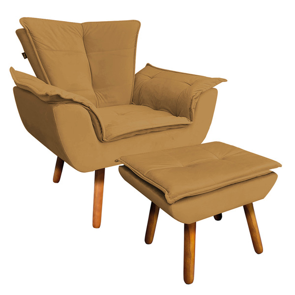 Kit Poltrona E Puff Opala Veludo Caramelo Sisal Pés Palito Ca
