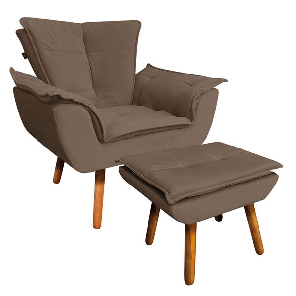 Kit Poltrona E Puff Opala Veludo Marrom Pés Palito Castanho -