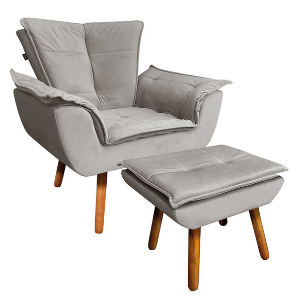 Kit Poltrona E Puff Opala Veludo Marrom Rato Pés Palito Casta