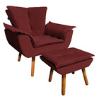 Kit Poltrona E Puff Opala Veludo Marsala Pés Palito Castanho