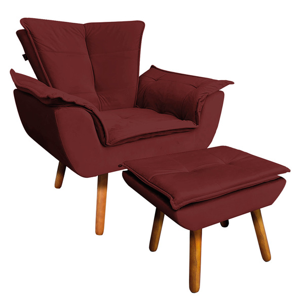 Kit Poltrona E Puff Opala Veludo Marsala Pés Palito Castanho