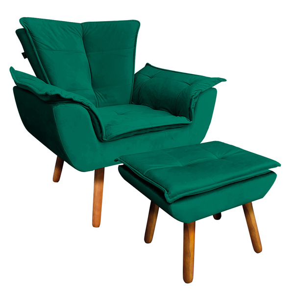 Kit Poltrona E Puff Opala Veludo Verde Esmeralda Pés Palito C