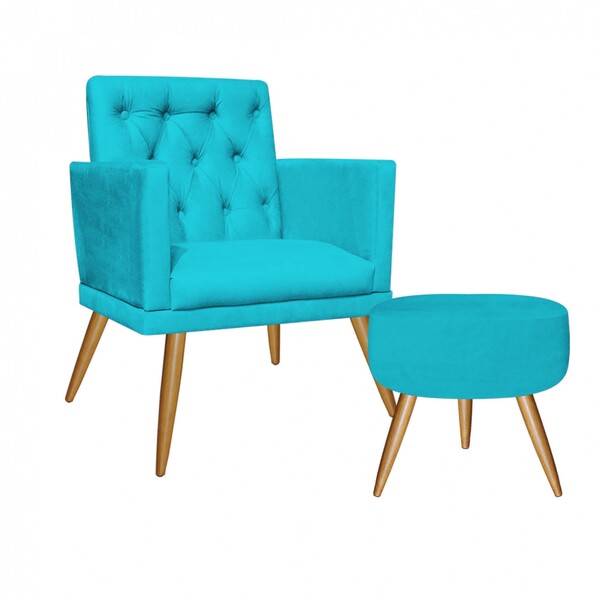 Kit Poltrona E Puff Redondo Maria Capitonê Pé Palito Suede Az