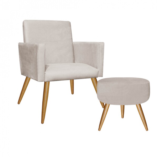 Kit Poltrona E Puff Redondo Nina Decorativo Pé Palito Corino