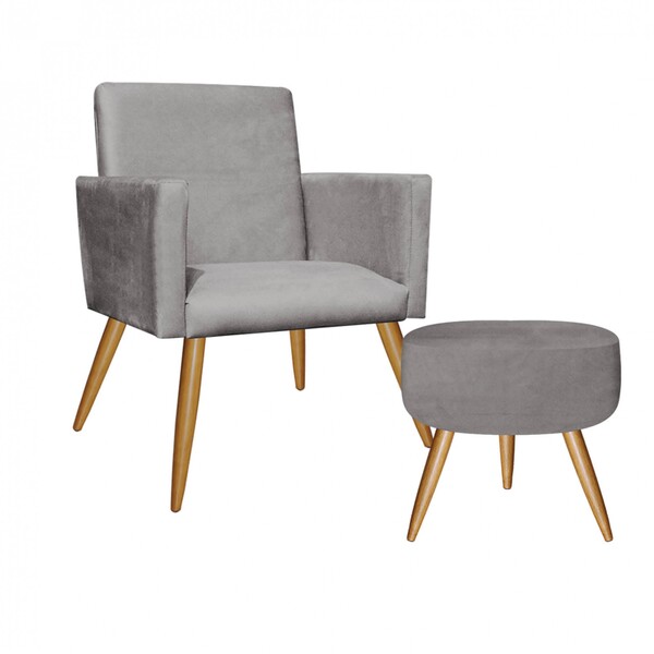 Kit Poltrona E Puff Redondo Nina Decorativo Pé Palito Suede C