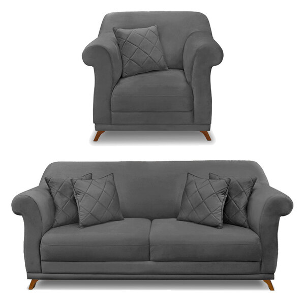 Kit Poltrona E Sofá Living 2 Lugares 1 60m Vênus Suede Cinza