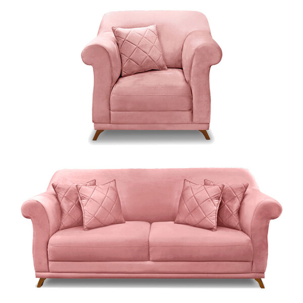 Kit Poltrona E Sofá Living 2 Lugares 1 60m Vênus Veludo Rosa