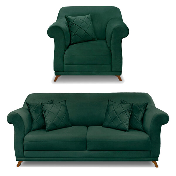 Kit Poltrona E Sofá Living 2 Lugares 1 60m Vênus Veludo Verde