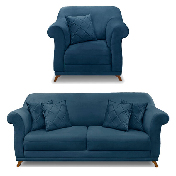 Kit Poltrona E Sofá Living 2 Lugares 1 80m Vênus Veludo Azul