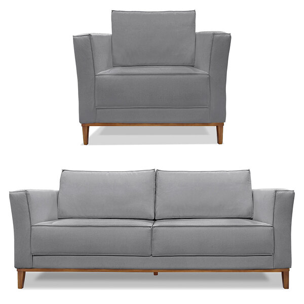 Kit Poltrona E Sofá Living 2 Lugares 1 90m Vega Linho Pés Cas