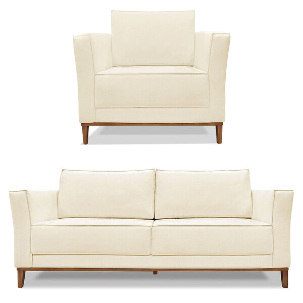 Kit Poltrona E Sofá Living 2 Lugares 1 90m Vega Linho Pés Cas