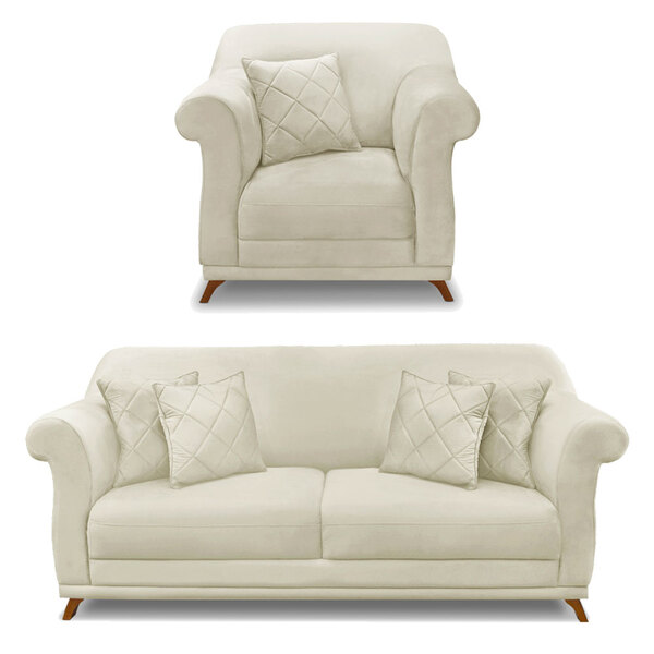 Kit Poltrona E Sofá Living 3 Lugares 2 00m Vênus Veludo Bege