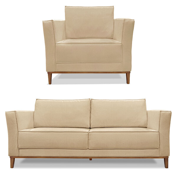 Kit Poltrona E Sofá Living 3 Lugares 2 30m Vega Linho Dourado