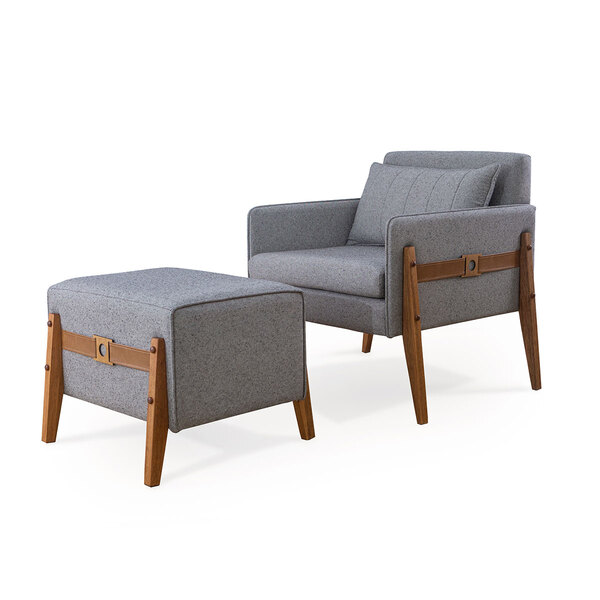 Kit Poltrona Estofada + Puff Ciça Madeira Maciça Verniz Pinhã