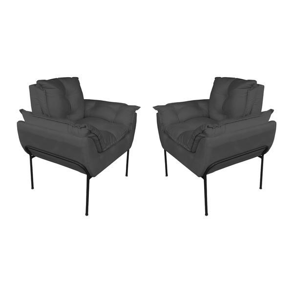 Kit Poltrona Moderna Base Preta Suede Cinza - Vallisa Decor