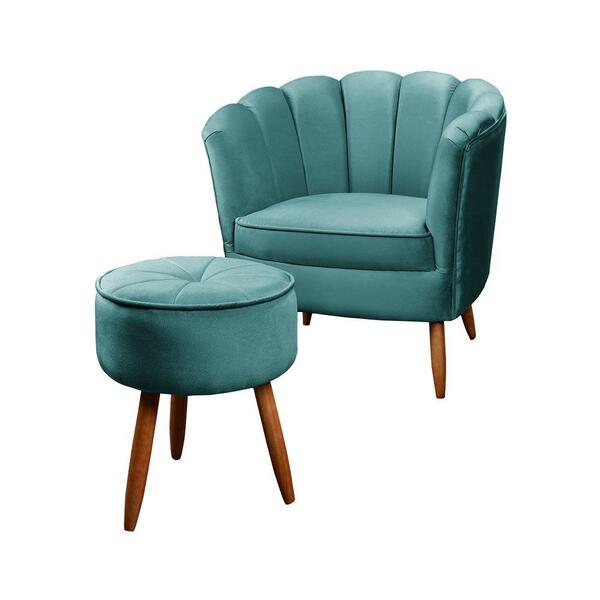Kit Poltrona Pétala E Puff Decorativo Ariel Azul Turquesa