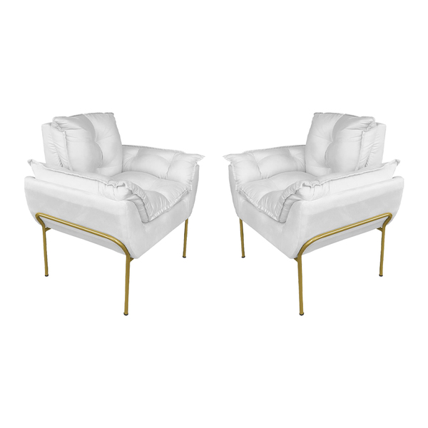 Kit Poltrona Recepção Suede Branco Base Dourada - Vallisa Dec