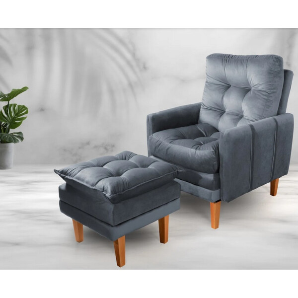 Kit Poltrona Reclinável E Puff Veneza Veludo Kero Konforto