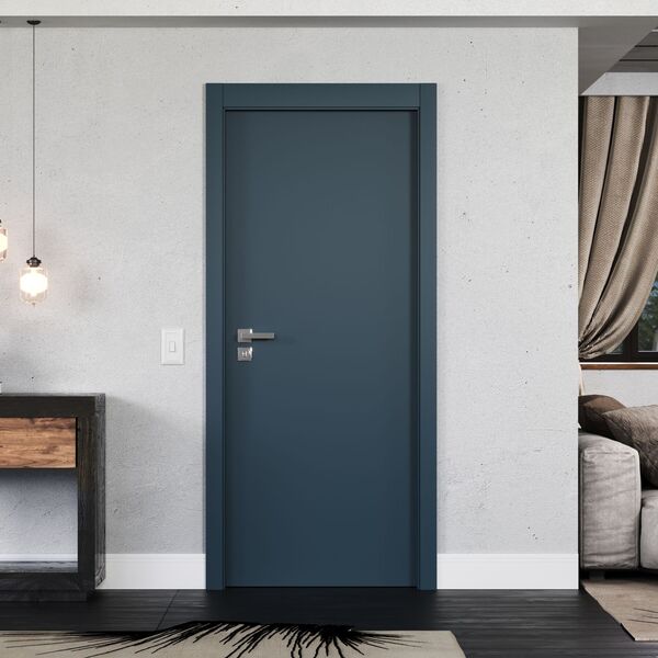 Kit Porta com Batente de Giro Lisa Madeira Sarrafeada Lacca Touch Azul Ambos os Lados 2,1mx70x3,5cm Concrem