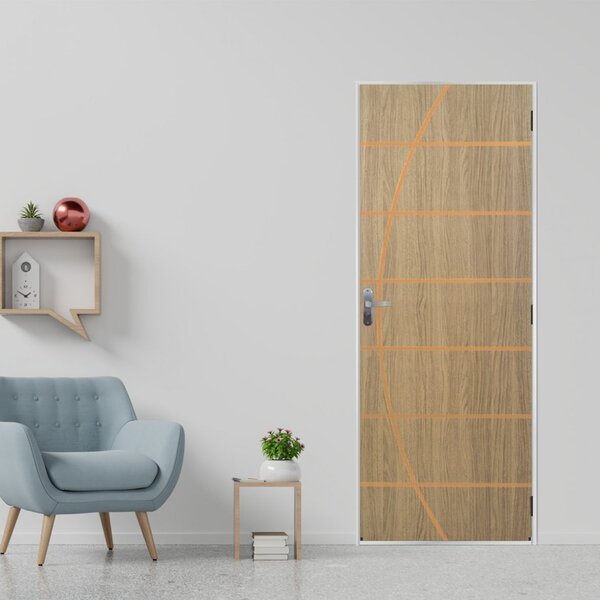 Kit Porta De Madeira Decorada 215x65cm Com Batente De Aço 6cm