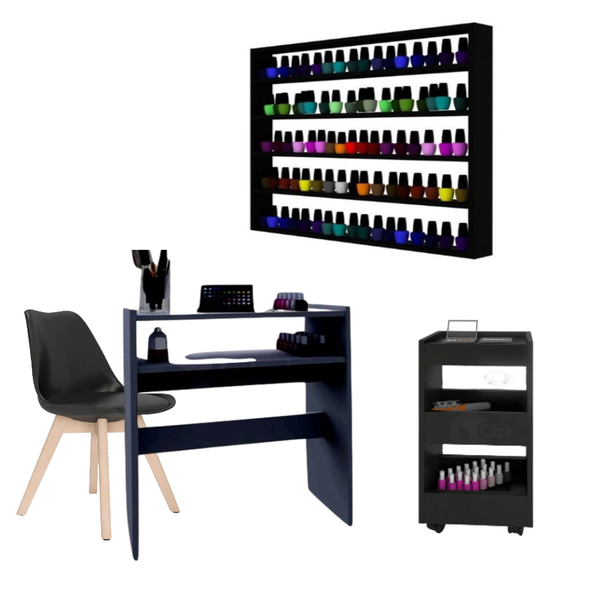 Kit Porta Esmaltes Prateleira + Mesa Manicure + Carrinho Auxi