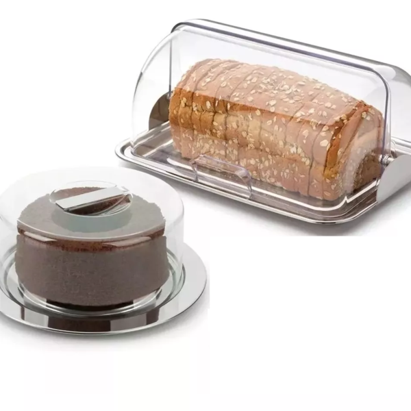 Kit Porta Pão E Boleira Aço Inox Tampa Acrílico Bolo Forma