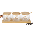 Kit Porta Tempero/condimentos Bancada Vidro Com Bandeja Bambu
