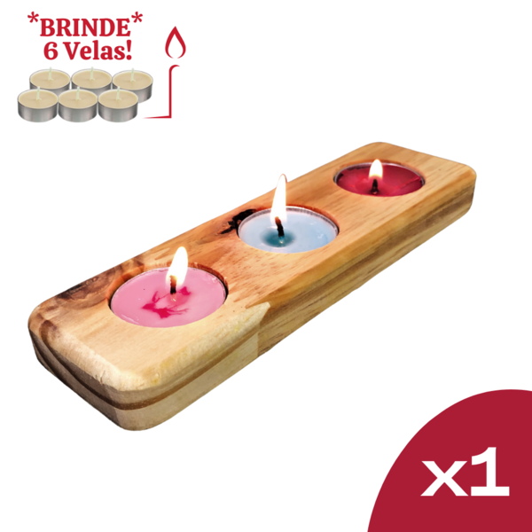 Kit Porta Velas Triplo Rechaud - Suporte para Velas Madeira M