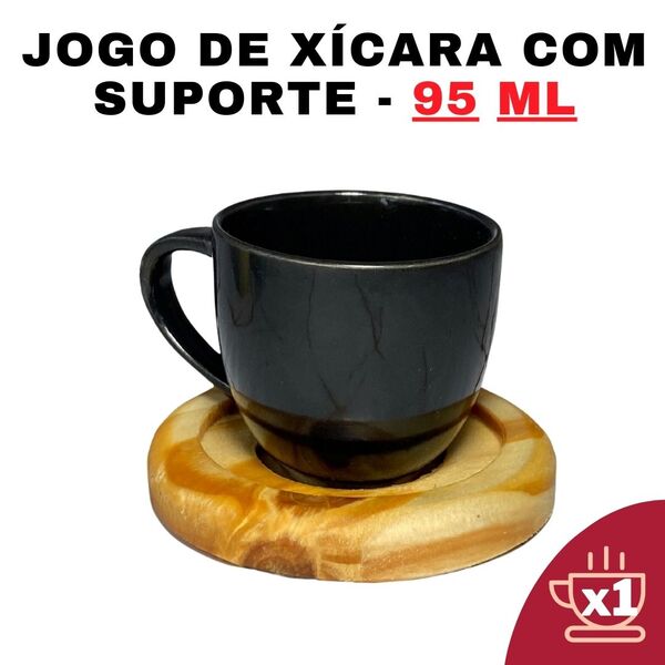 Kit Porta Xícara Circular com Xícara Porcelana Preta 95ml - S