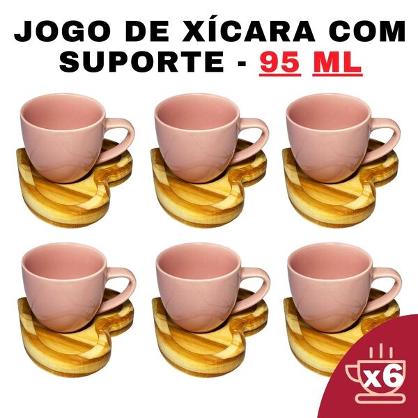 Kit Porta Xícara Coração com Xícara Porcelana Rosa 95ml - Con